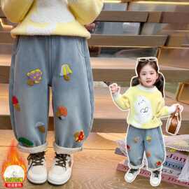 女童秋冬季加绒牛仔裤2025新款儿童加厚一体绒冬装女宝宝卡通裤子