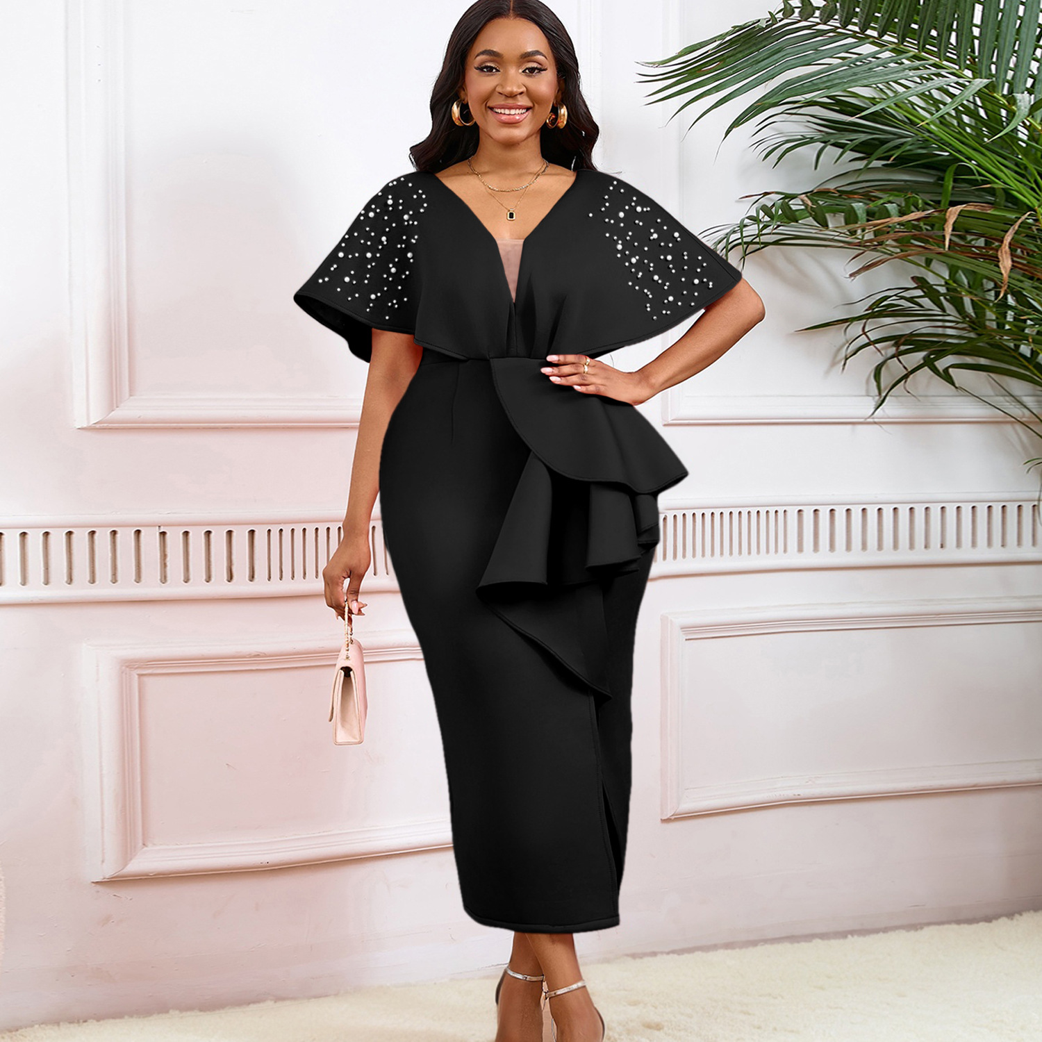 Robe de soirée sexy à col en V et à volants avec fente perlée, robe de banquet de tempérament de célébrité_voghion.com