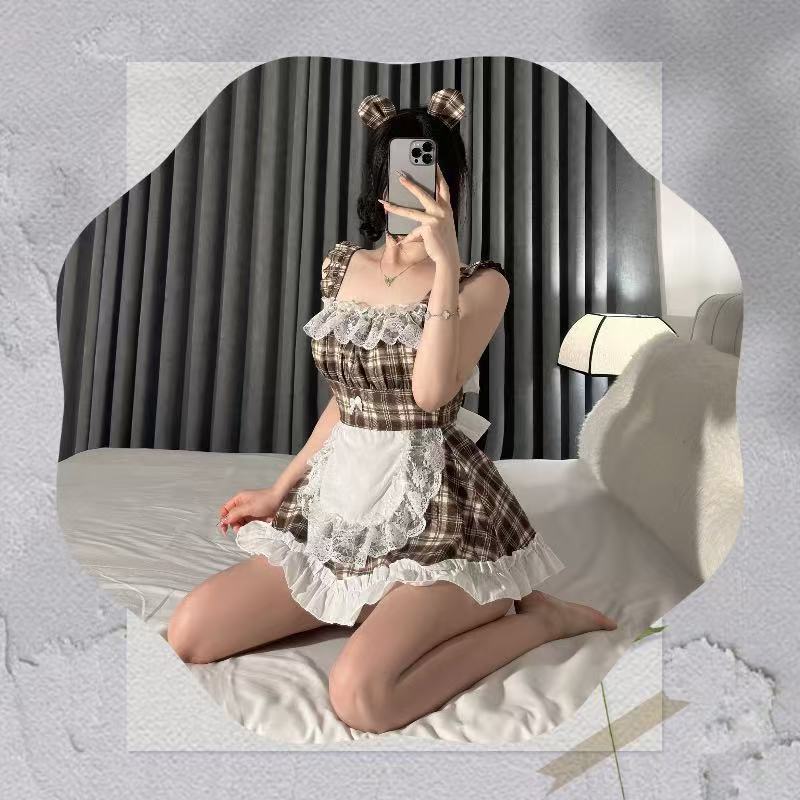 Maid Roleplay Costume Set with Plaid Dress and White Tights, One Size Polyester — detail image 3