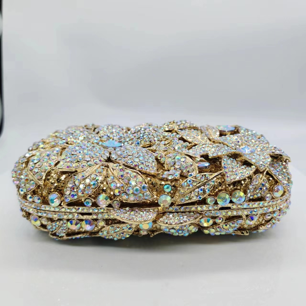 Túi clutch dạ hội đính kim cương giả kim loại rỗng cao cấp — Vàng kim AB, Màu vàng kim, Bạc AB, Cá tính đặt làm chi tiết 12