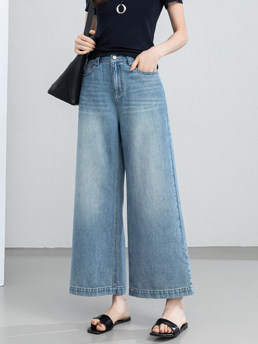 Quần jean nữ ống rộng cạp cao chất liệu tencel mềm mại, dáng suông thoải mái mùa hè — xanh lam