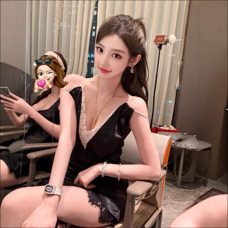 TZ6788法式纯欲风蕾丝拼接吊带连衣裙女气质名媛高级感包臀短裙|undefined