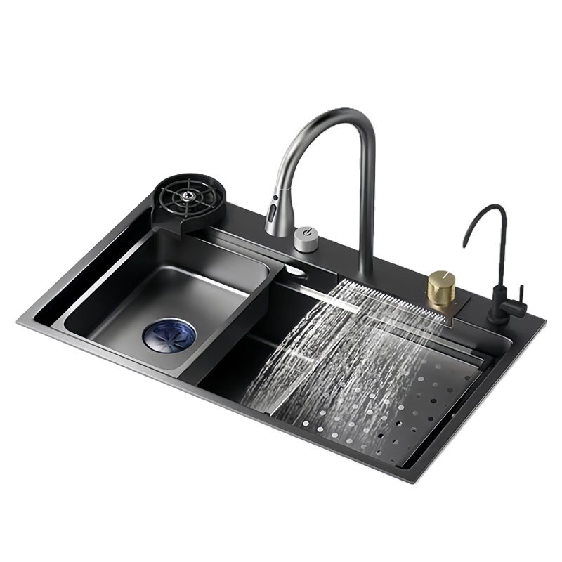 Cocina gran arma de tanque único gris negro King Kong lluvia volante cascada fregadero nano acero inoxidable lavabos domésticos lavabos sin platos