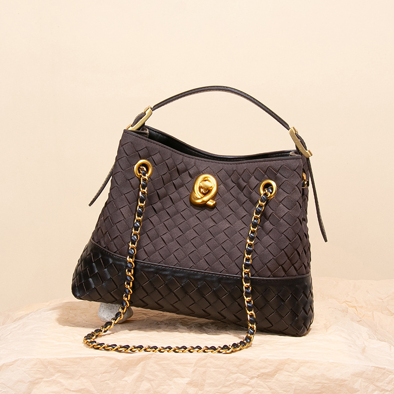 Retro Luxury Woven Bag Contrast Suede Tote Bag For Women 2025 New Bucket Bag Crossbody Chain Bag - Thumbnail 3