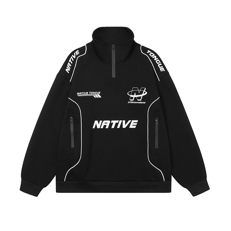 American Retro Letter Fashion Color a juego de carreras Suéter Marca de moda para hombres Chaqueta superior suelta de cuello alto de la calle