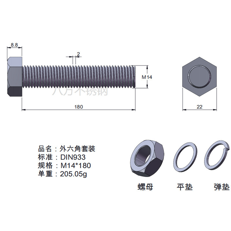 Tuerca de tornillo 304 acero inoxidable hexagonal conjunto de alta resistencia con almohadilla perno de tornillo antideslizante M3M4M5M6M12