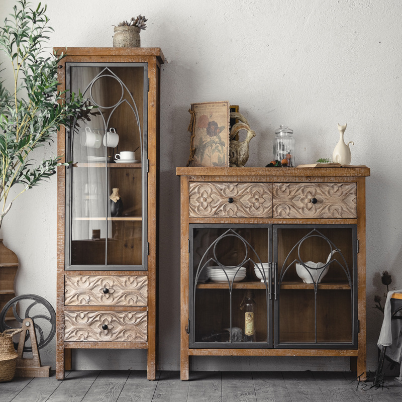 French Retro Wine Cabinet with European Style Bookcase Against the Wall Household Small Antique Old Storage Cabinet Kitchen Decorative Cabinet