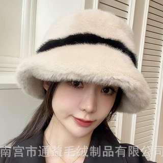 帽子渔夫帽秋冬百搭帽子保暖防风毛毛帽子显脸小女帽跨境毛绒盆帽
