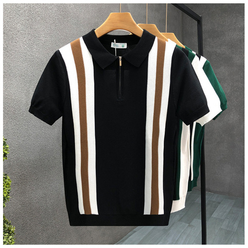 Summer Men's New Color-block Striped Knit Polo Shirt Cross-border American Gentleman Collar Short-sleeve Knit T-shirt