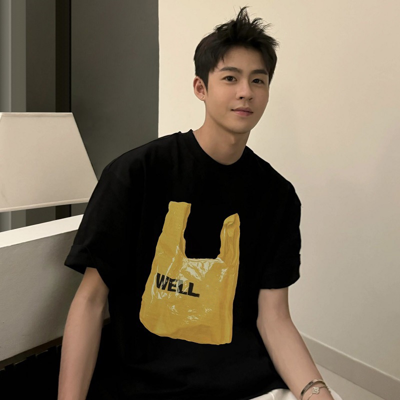 New We11 Niche Trendy Brand Garbage Bag Letter Printed Short-Sleeved Casual Loose Round Neck Couple T-Shirt Top