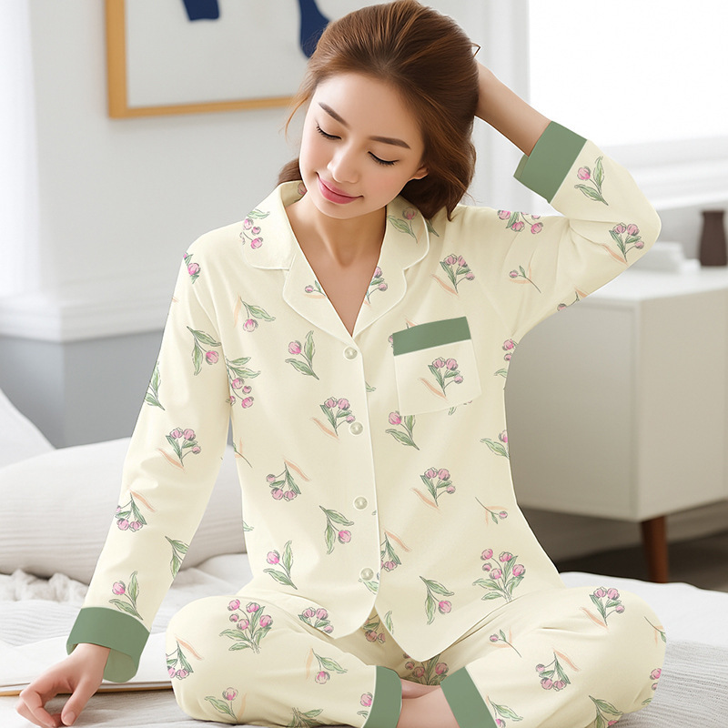 New Imitation Cotton Women's Pajamas Spring and Summer Long-Sleeved Pants Large Size High-End Middle-Aged and Elderly Mothers' Home Clothes Real Shot