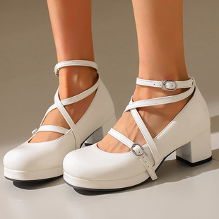 【2025 new style】Foreign trade women's Cosplay shoes Patent leather women's shoes Solid color cross Roman single shoes 34-44 sizes