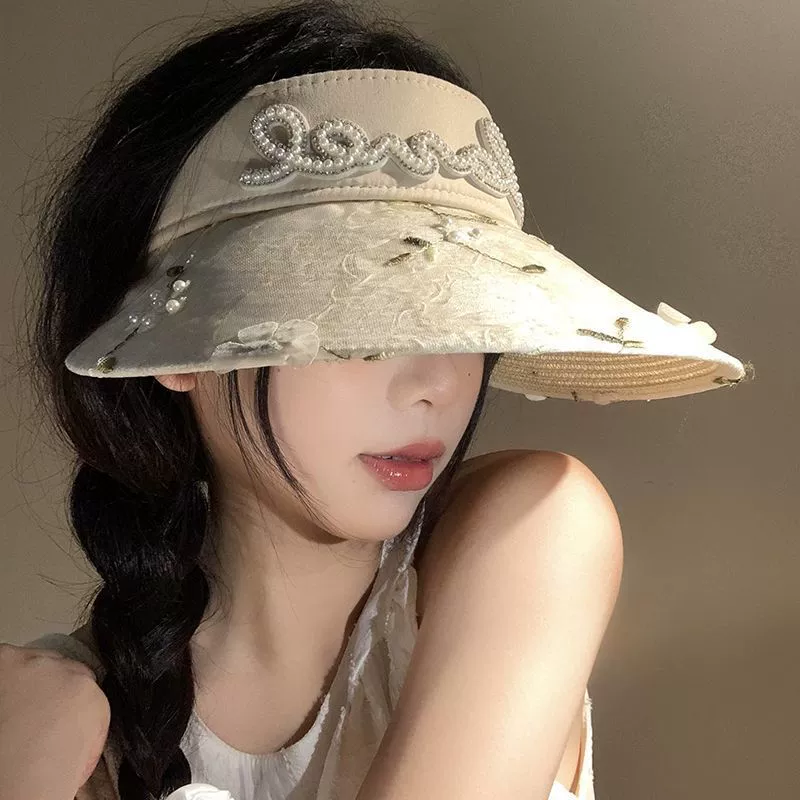 Женская летняя соломенная шляпа с кружевным цветком и жемчугом, пустой верх, соломенная шляпа с большими полями, солнцезащитная шляпа в пасторальном стиле, солнцезащитная шляпа