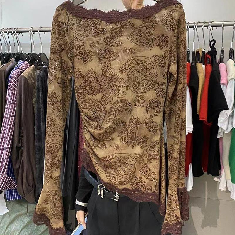 Guangzhou Thirteen Lines Women's Autumn Clothing New Retro T-Shirt Lace 2025 Slim Bottoming Shirt Long Sleeve Top
