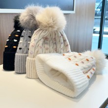 冬季新款彩色帽子圆点提花针织帽韩版女士加绒保暖毛球护耳毛线帽