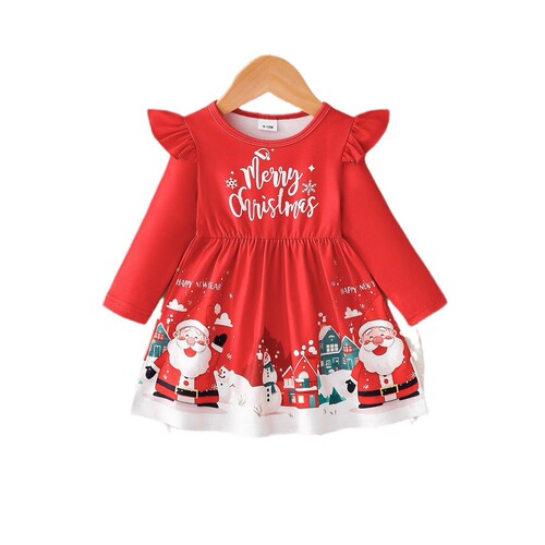 Baby Spring and Autumn Long Sleeve Dress Santa Claus Print Children's Dress