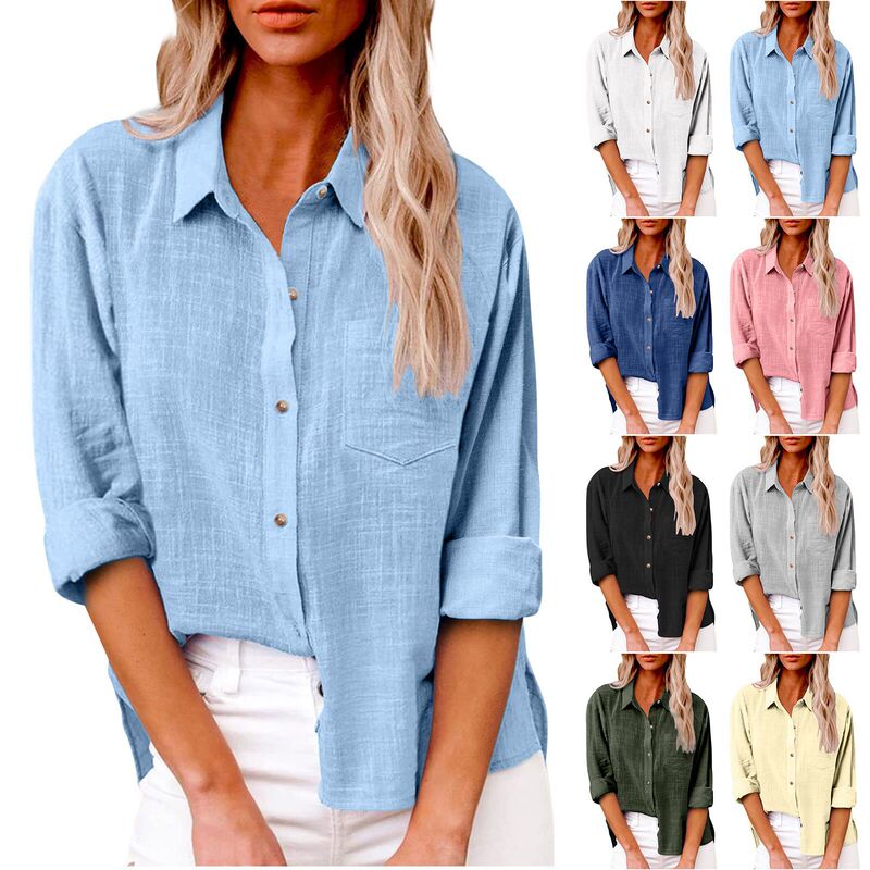 Amazon AliExpress 2022 Explosions Autumn Pocket Split Long Sleeve Women's Cotton and Linen Shirt
