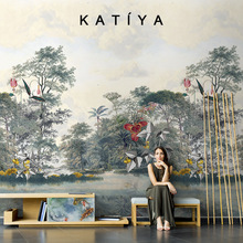 Katiya北欧手绘热带雨林风景壁纸客厅沙发电视背景墙无缝壁画墙布