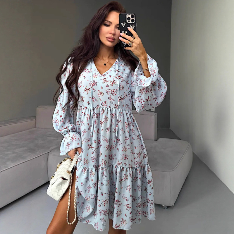 Cross-Border Printed Long-Sleeved Short Dress European and American 2025 Autum New Lantern Sleeve Short Skirt Loose Dress for Women