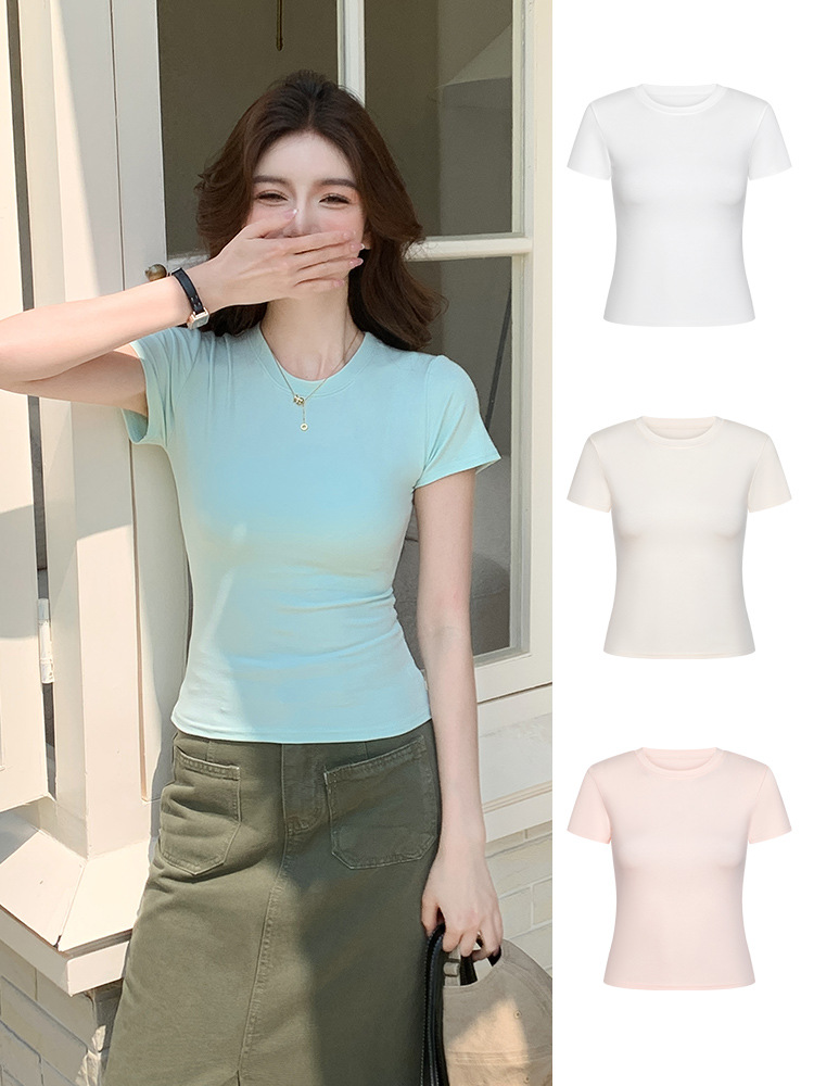 H5 86修身半袖tシャツ白夏ギャル上着丸襟正肩女性フランス弾力が痩せている