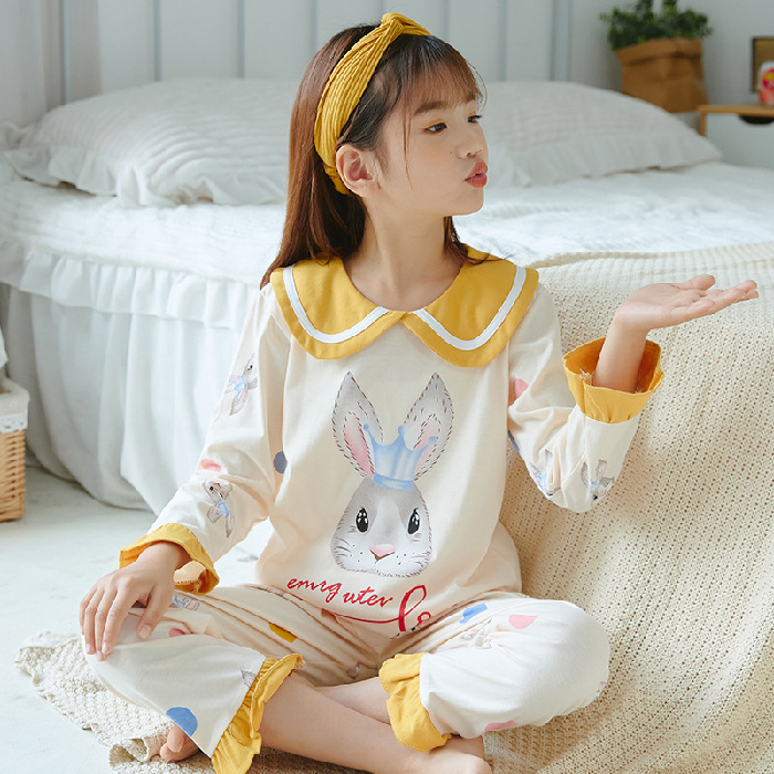 15 años de edad nueva primavera y otoño de los niños pijamas de manga larga de las mujeres lindo princesa muñeca collar de las mujeres mayores de algodón peinado desgaste del hogar de los niños