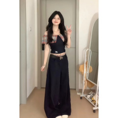 Pure lust hot girl suit for women 2025 new summer Korean style slimming top wide leg pants two-piece set
