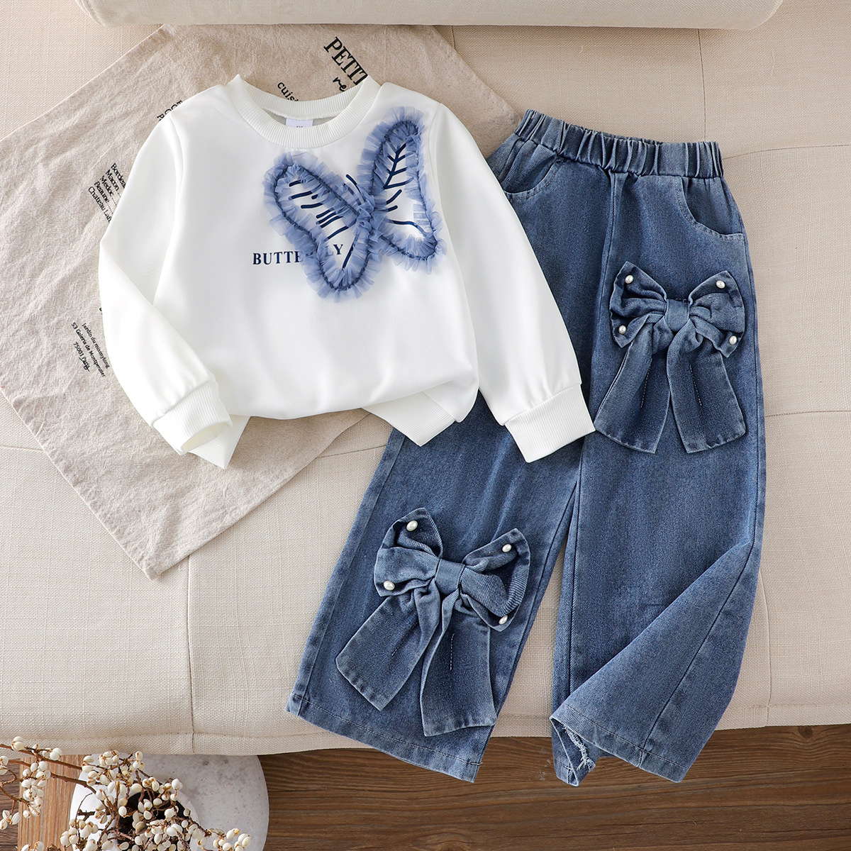 Ropa de niños comercio exterior transfronterizo otoño y invierno nuevo niño Amazon blanco de manga larga suéter + pantalones largos