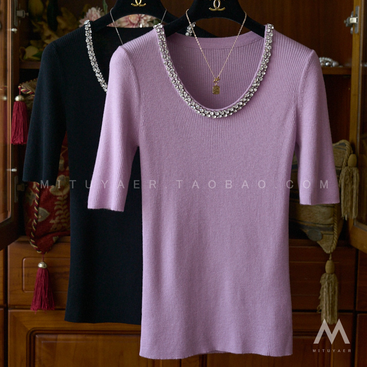 Women's Neck Rhinestone Thin Pit Wool Mid-Sleeve Knitted Base Shirt O03017 Women's Neck Rhinestone Thin Pit Wool Mid-Sleeve Knitted Base Shirt O03017