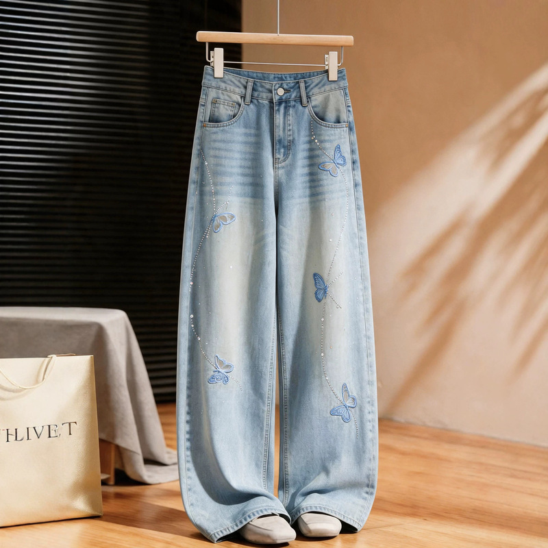 Super Stylish Butterfly Rhinestone Soft Denim Wide-Leg Pants for Women, Summer Thin Style, 2026 New Model, Embroidered Heavy-Duty Drape Straight-Leg Pants Super Stylish Butterfly Rhinestone Soft Denim Wide-Leg Pants for Women, Summer Thin Style, 2026 New Model, Embroidered Heavy-Duty Drape Straight-Leg Pants
