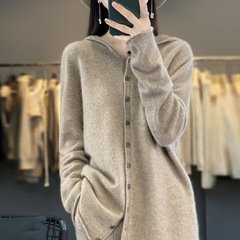レディースフード付きカーディガン100％ピュアウールセーター秋冬新作既製服ニットジャケット万能スウェットパーカー
