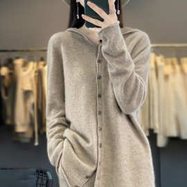 女士连帽开衫100纯羊毛衫秋冬新款一线成衣针织外套百搭卫衣帽衫