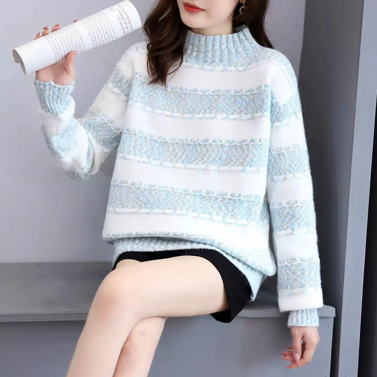 半高领加厚雪尼尔水貂绒毛衣女2024秋冬款宽松条纹外穿针织打底衫