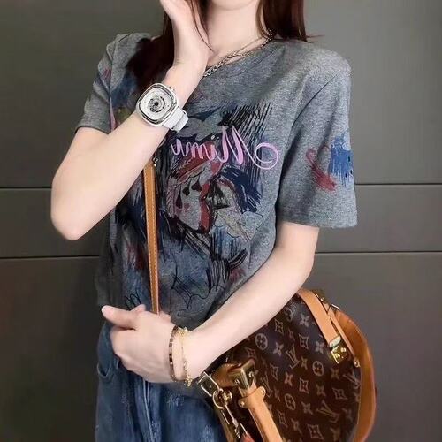 Grey Oversized Shoulder Short-Sleeve T-Shirt for Women - Summer New Arrival Korean Style Fashion High-End with Colorful Art