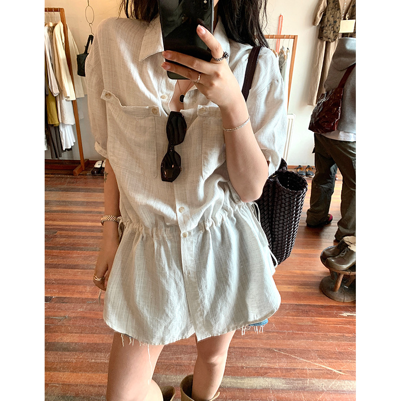 Daqian withU ホワイト テンセル リネン ポケット シャツ スカート レディース 夏 薄手 カジュアル 半袖 ルーズ シャツ|undefined