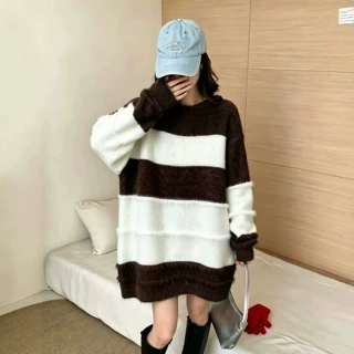 2026秋季女装上新慵懒风大码撞色毛衣上衣女羊驼绒拼接仿貂针织衫