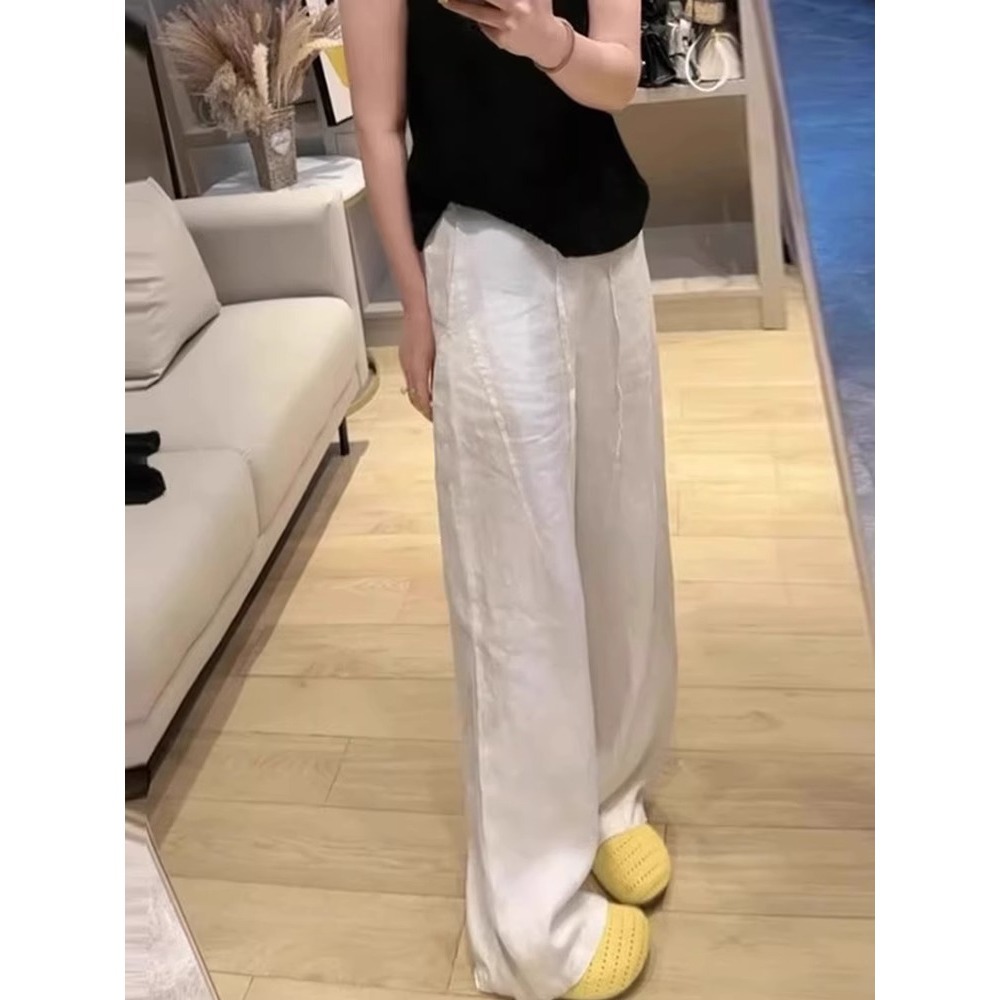 Quần ống rộng vải lanh trắng nữ dáng suông rộng rãi chất liệu lụa băng nhẹ — Màu trắng mẫu dài