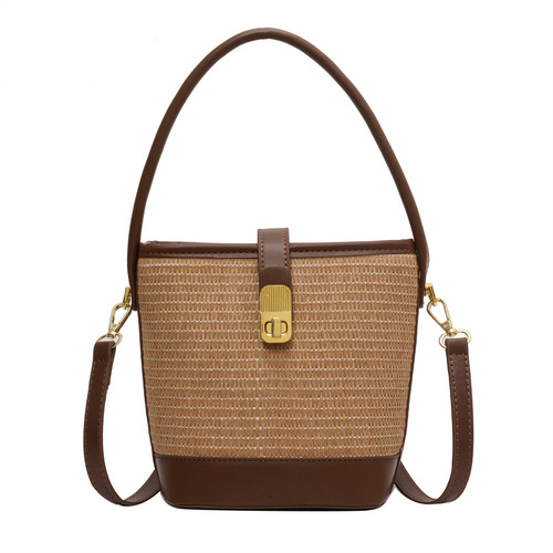 Fashionable portable woven bag for women  new high-end textured straw bag single shoulder crossbody bag casual bucket bag