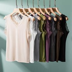 螺紋棉V領吊帶背心女夏季蕾絲邊無袖內搭打底衫外穿大碼薄款上衣