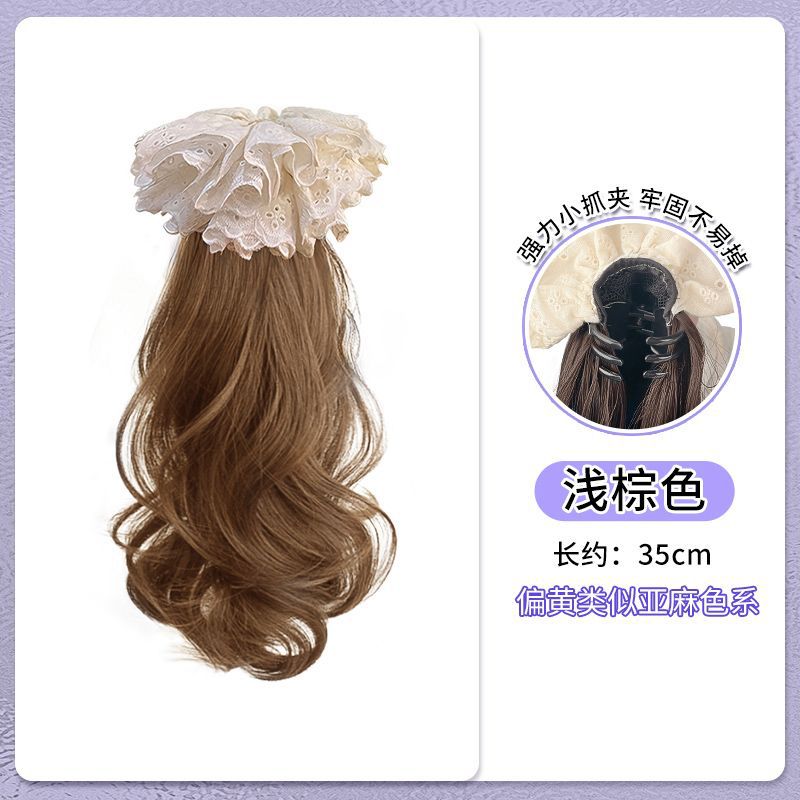 Peruca de cola de caballo para mujeres, encaje lateral de flores de pera, clip de agarre de cola de caballo ligero sin caída, sensación de atmósfera coreana, cola de caballo falsa.
