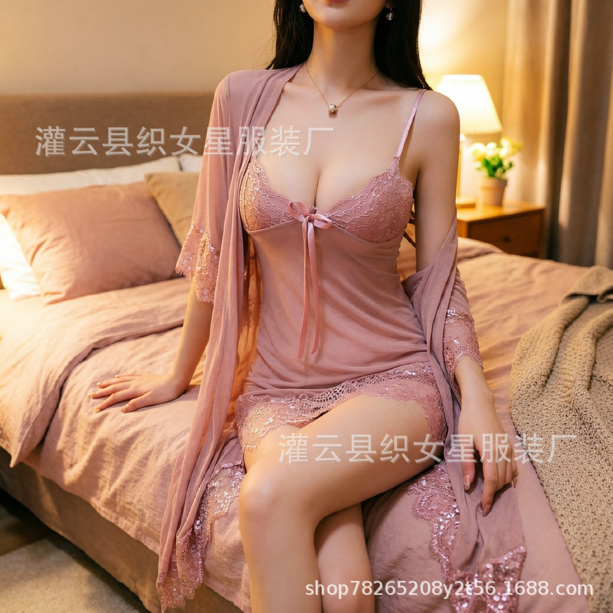 Plus-Size Lace See-Through Pajama Set, Uniform-Style Nightdress, 3-Piece, Bean Paste, One Size — detail image 7