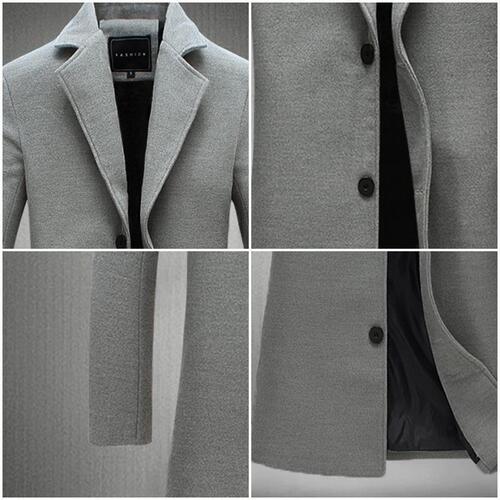 Stylish trendy coat: handsome mid-length wool overcoat, men's trench coat, slim-fit versatile suit in gray—perfect for evening events.