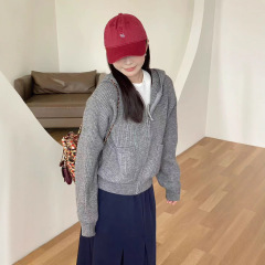 秋冬新品毛衣外套韩版经典女装设计感宽连帽口袋针织拉链开衫上衣