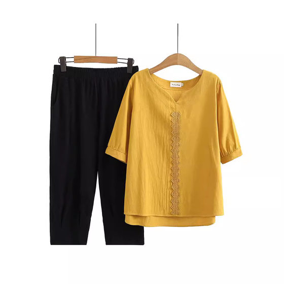 Mother Summer Cotton Linen suit Middle-aged and Elderly Women's Fashion Western Style Short-sleeved T-shirt Top New Mother-in-law Clothes