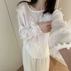 针织衫女早秋新款韩系时尚减龄立体蝴蝶结长袖上衣温柔漂亮毛衣女