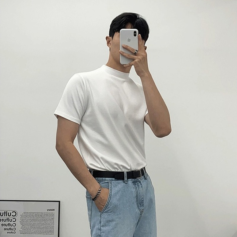 남성 반팔 티셔츠 옷 반 터틀넥 캐주얼 청소년 봄 티셔츠가 다재다능한 바닥 셔츠 탑 남성