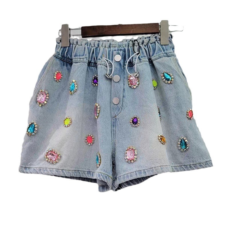 Pantalones Cortos de Mezclilla de Talle Alto y Pierna Ancha, Mezclilla, Cintura Elástica
