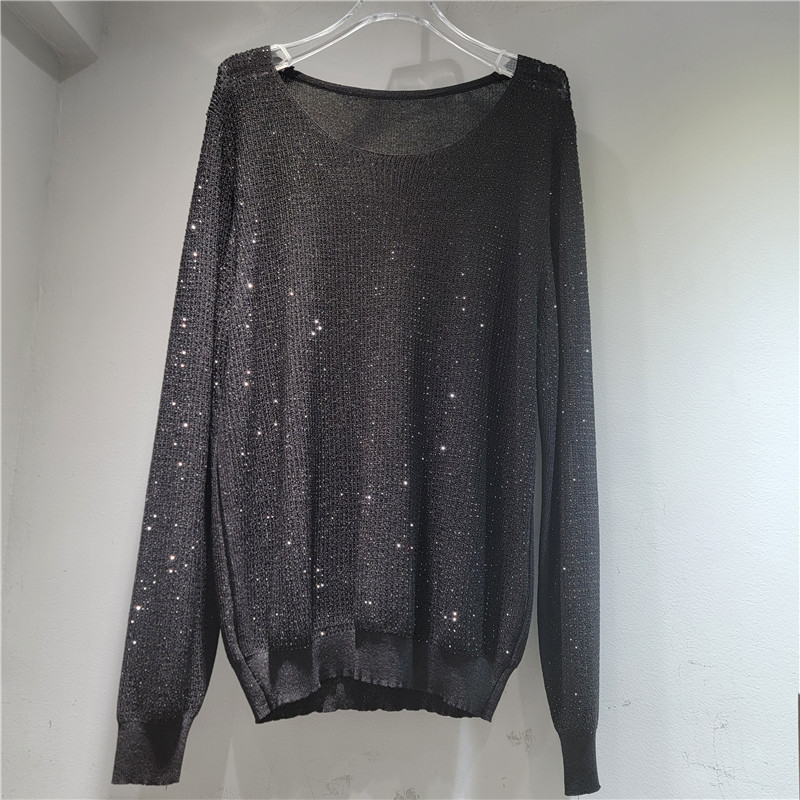 Suéter de perforación caliente de la industria pesada europea, mujer de cuello redondo brillante, chaqueta larga y media, nueva camiseta de punto de otoño y invierno es delgada. image 6