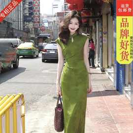 新中式旗袍连衣裙夏季新款两色修身印花显瘦显白立领开叉改良裙子