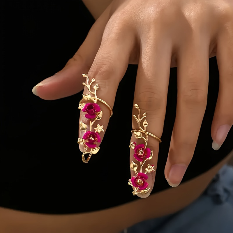 Retro Red Flower Ring Cut Out Ring Set High-End Fashion Cross-Border Hot-Selling Wearable Nail Jewelry
