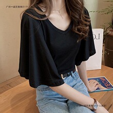 超大码300斤韩版短袖t恤女遮肉胖mm宽松显瘦V领遮肚上衣百搭潮220
